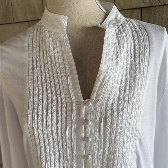 Coldwater Creek White Pleated Blouse with Mandarin Collar - Picture 3 of 8